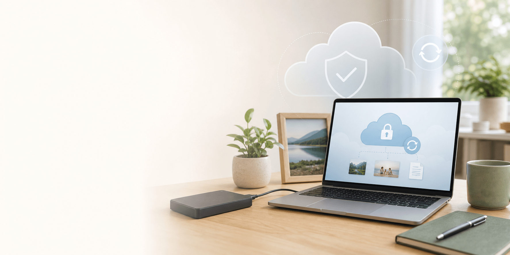 Secure cloud backup shown on laptop and external drive