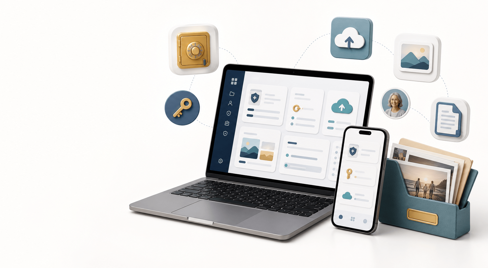 Digital legacy tools represented by laptop, phone, vault, cloud, photo, and document icons