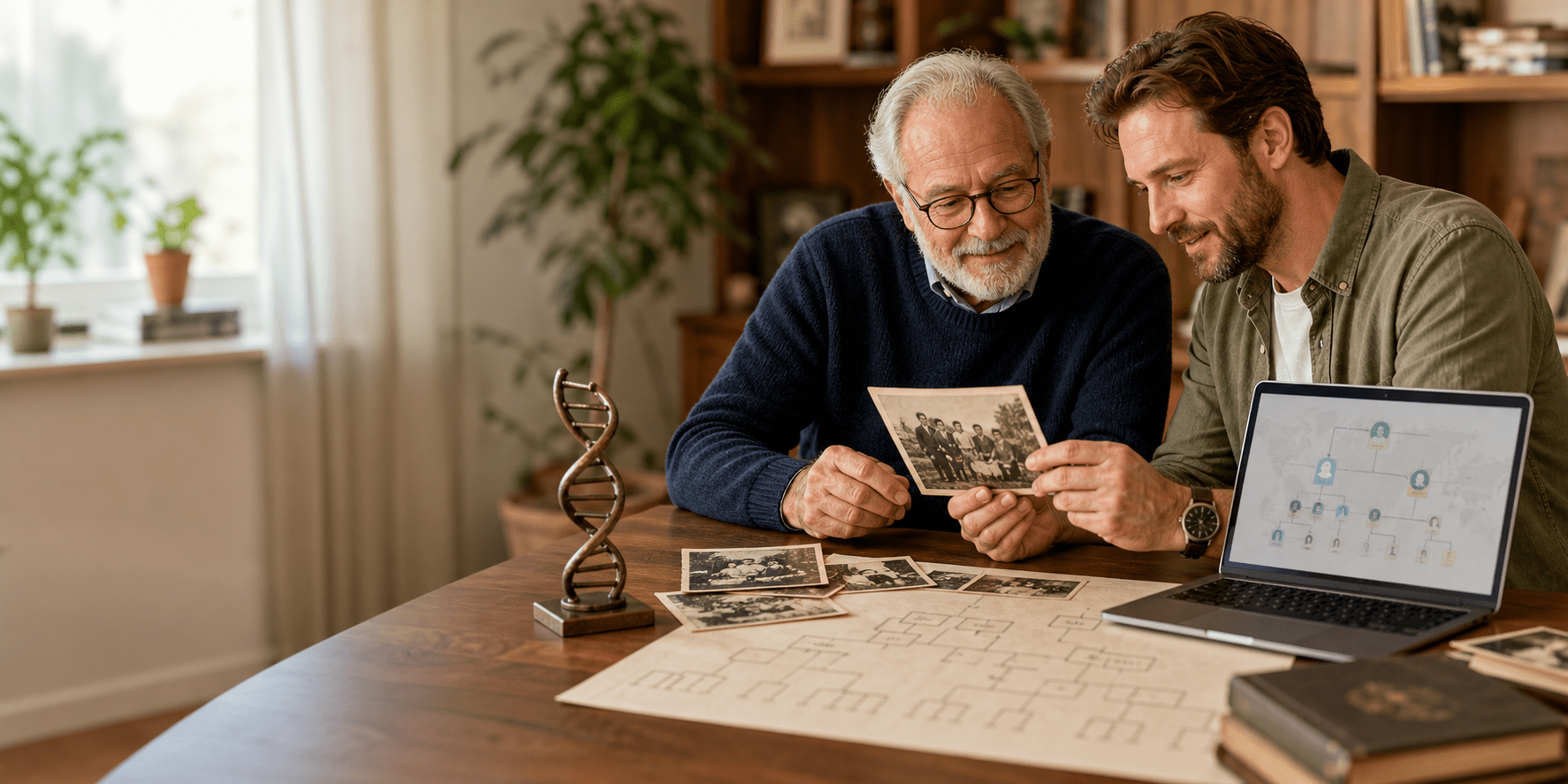Two family members exploring old photographs, a family tree, and DNA ancestry