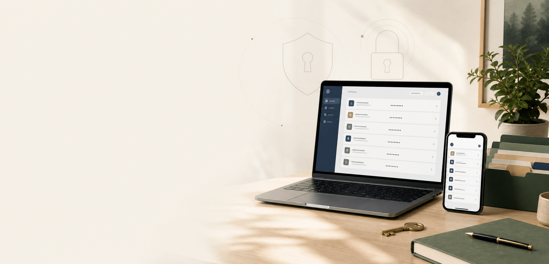 Password manager apps displayed on a laptop and smartphone