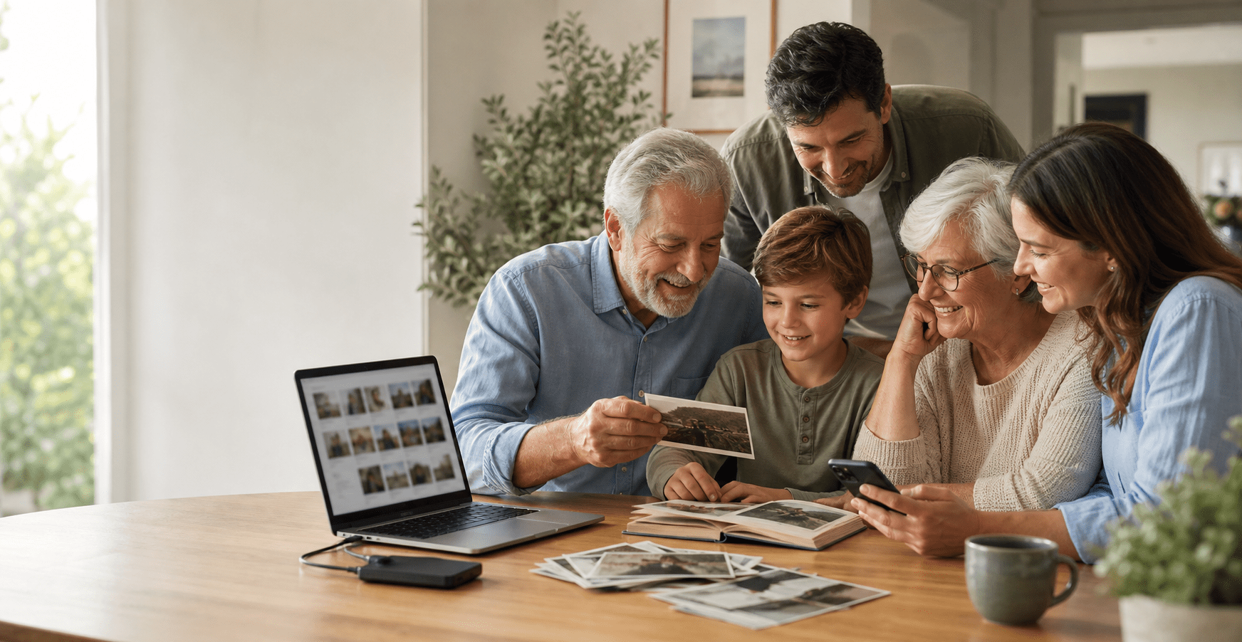 Family organizing photo and video memories together